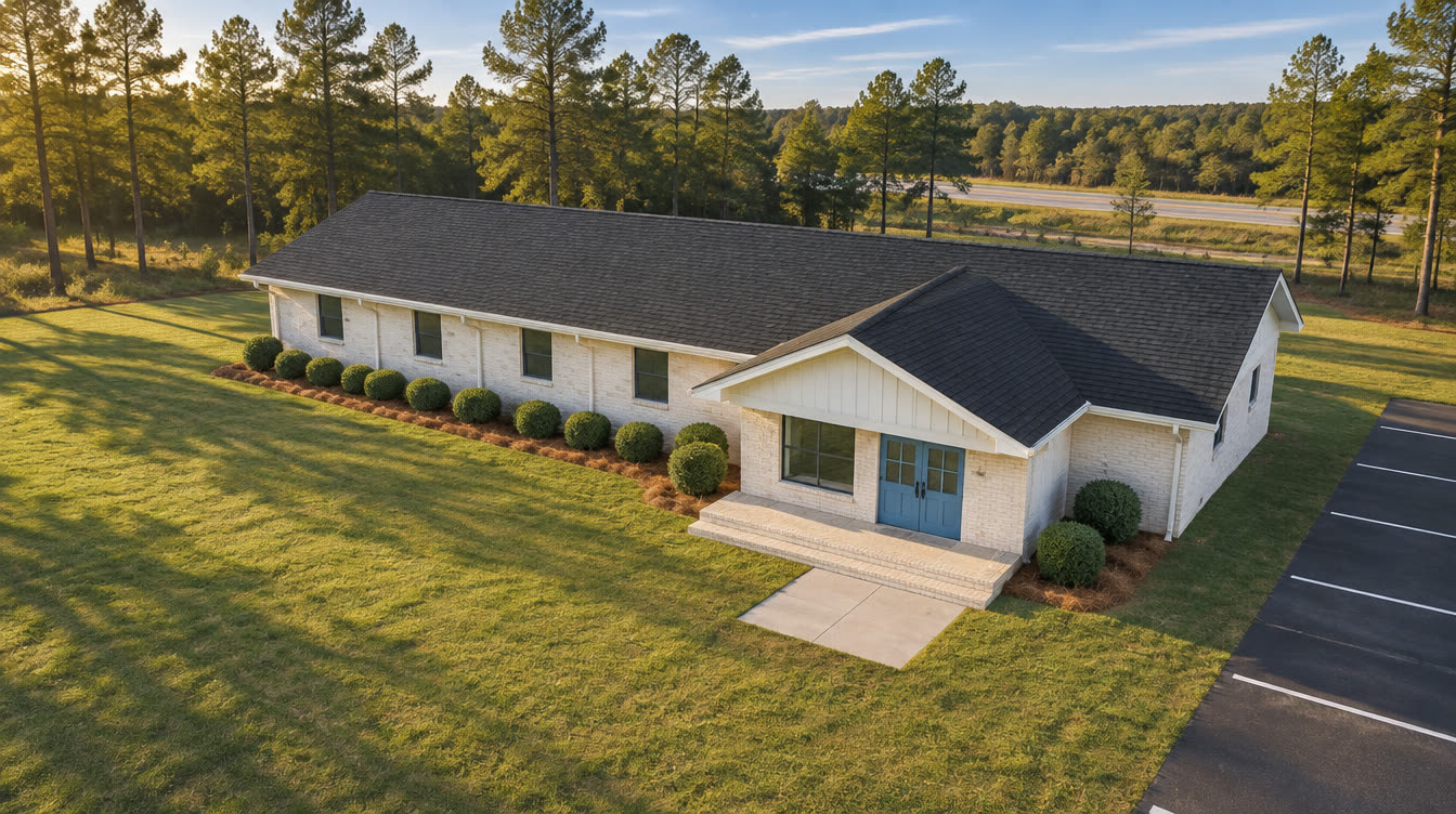Photoreal aerial render of the lime-washed church, entry corner